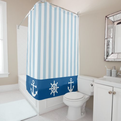 Light Blue and White Stripe with Nautical Symbols Shower Curtain