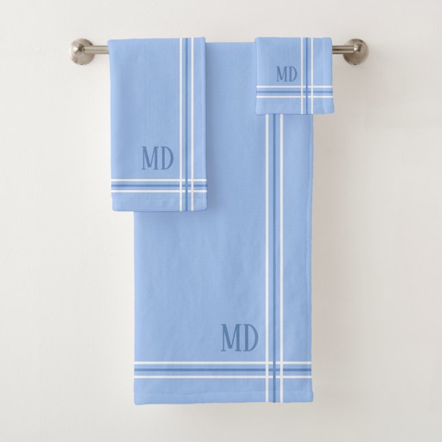 Light Blue and White Striped Custom Initials Bath Towel Set (Insitu)