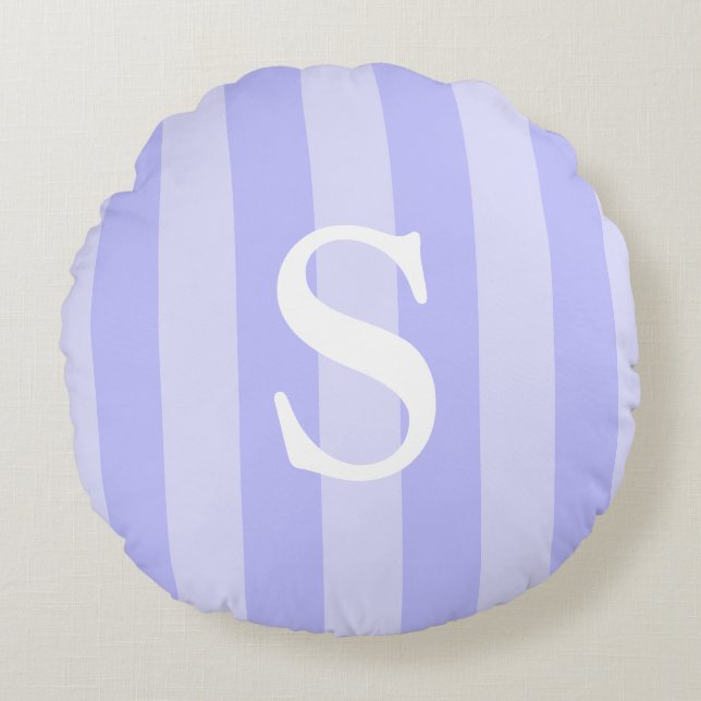 Light Blue And White Striped Monogrammed Round Pillow (Front)