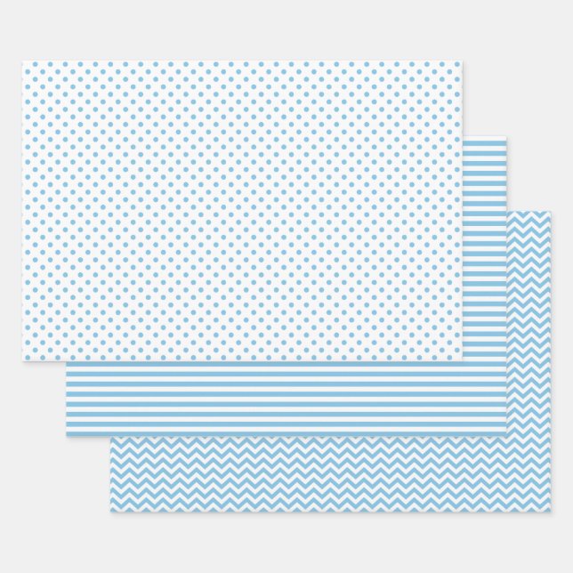 Light Blue and White Stripes Chevron Polka Dots Wrapping Paper Sheets (Set)