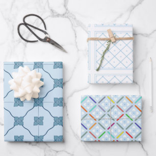 Light Blue and White Tiles Assorted Wrapping Paper Sheets