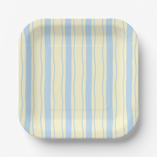 Light Blue and Yellow Wavy Coastal Stripes Paper Plates (Front)