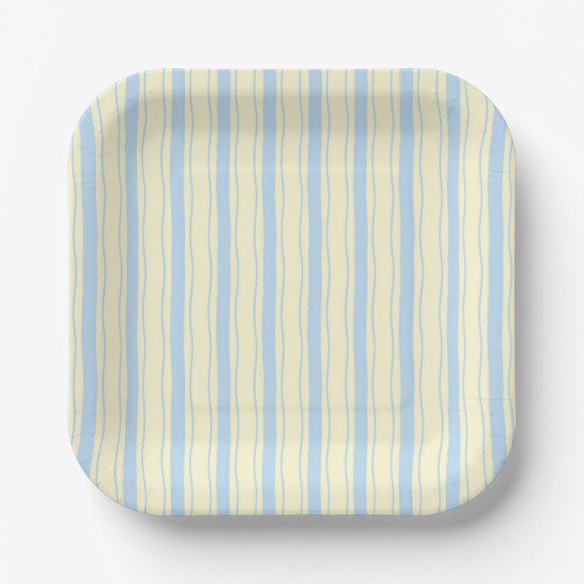 Light Blue and Yellow Wavy Stripes Paper Plates (Front)