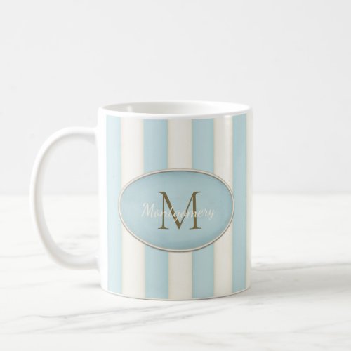 Light Blue  Antique White Stripes Bronze Monogram Coffee Mug