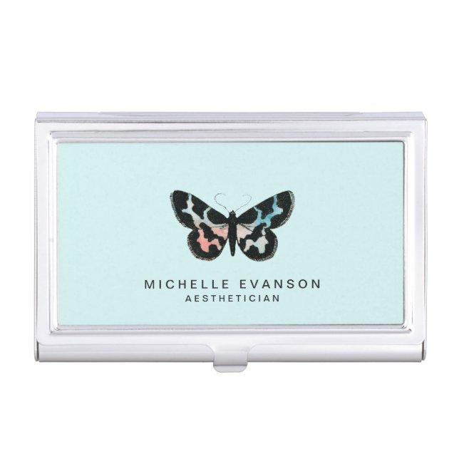 Light Blue Aqua Watercolor Butterfly Logo Business Card Case (Front)