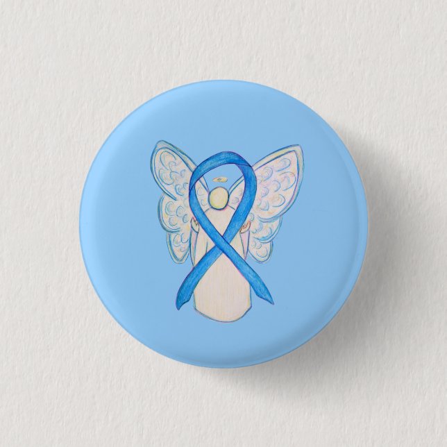 Light Blue Awareness Ribbon Angel Art Pin Buttons (Front)