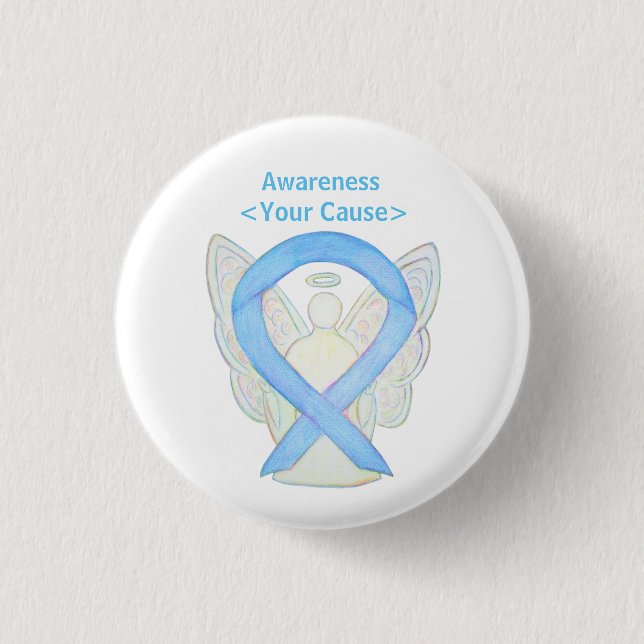 Light Blue Awareness Ribbon Angel Art Pin Buttons (Front)