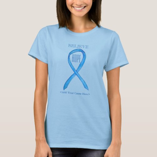 Light Blue Awareness Ribbon Custom Art T_Shirts