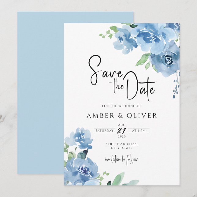 Light Blue Baby Blue Floral Leaves Save The Date I Invitation (Front/Back)