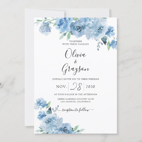 Light Blue Baby Blue Floral QR All In One Wedding Invitation