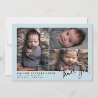 Light Blue Baby Photo Collage New Baby Thank You Announcement