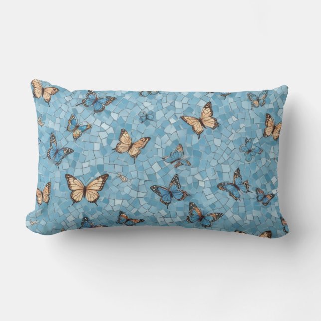 Light Blue Background Butterflies Mosaic Lumbar Pillow (Front)