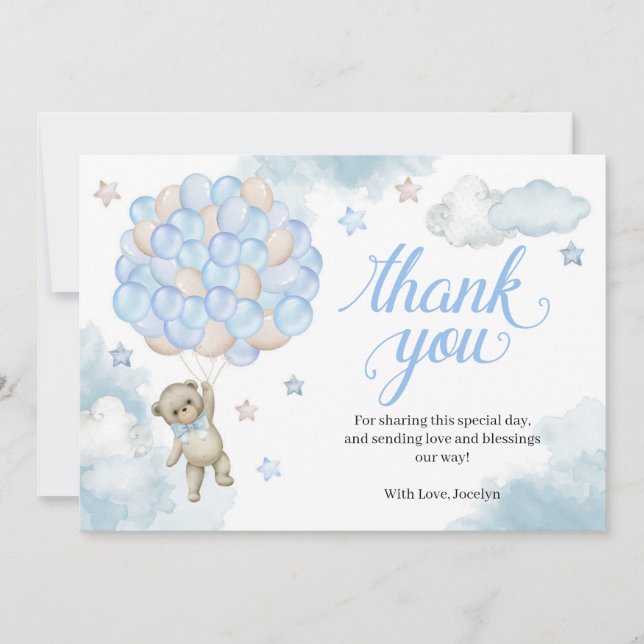 Light Blue Balloons Teddy Bear Baby Shower Thank You Card (Front)