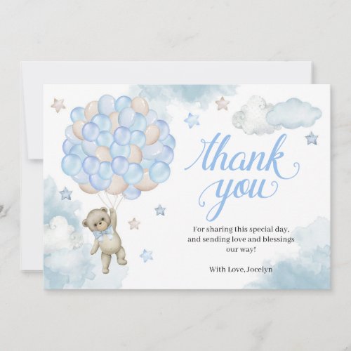 Light Blue Balloons Teddy Bear Baby Shower Thank You Card