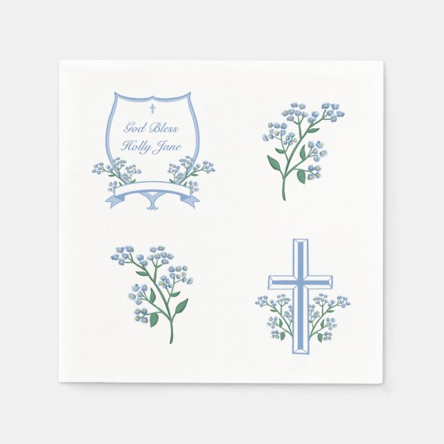 Light Blue Baptism First Communion Floral Crest Napkins (Front)