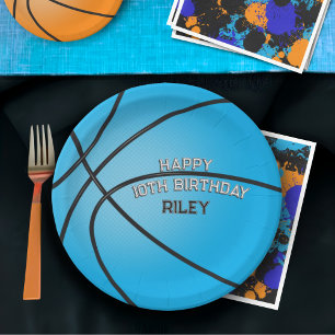 Light Blue Basketball Happy Birthday Name Paper Plates