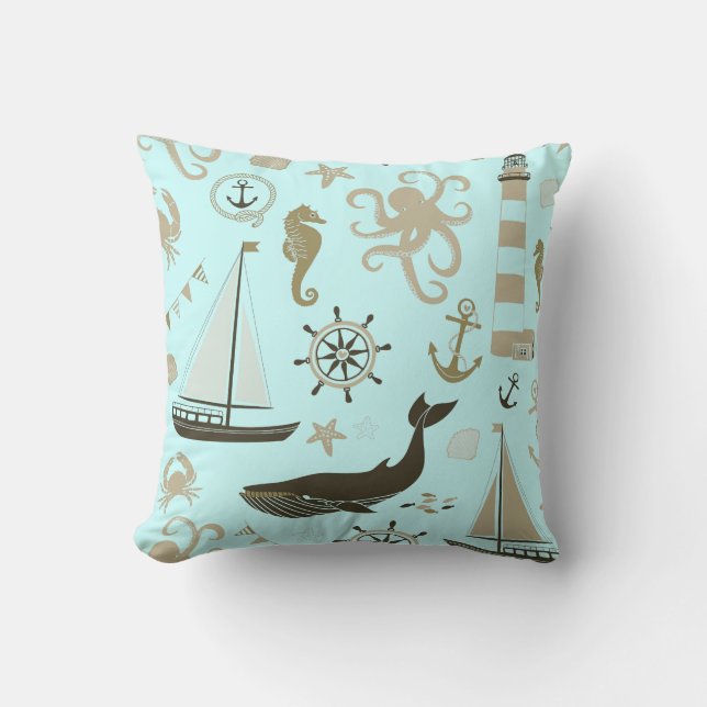 Light Blue Beach Ocean Seahorse Anchor Throw Pillow (Front)