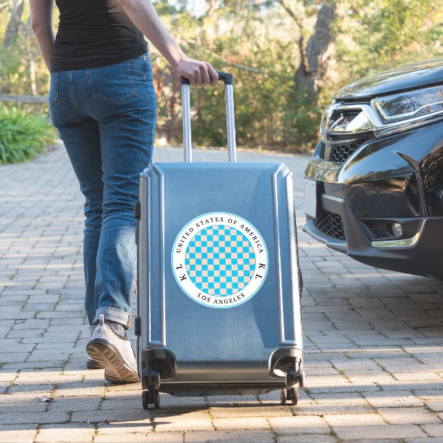 Light Blue & Beige Checkerboard Vacation Sticker (Suitcase Insitu)