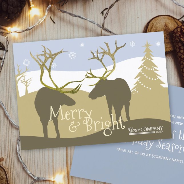 Light Blue, Beige Reindeer Antlers Company Logo Invitation (rustic light blue beige gold reindeer forest company logo employee holiday Christmas greeting cards)