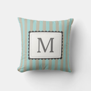 Light Blue & Beige Stripes Custom Monogram Throw Pillow