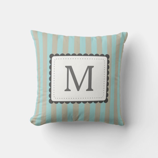 Light Blue & Beige Stripes Custom Monogram Throw Pillow (Front)