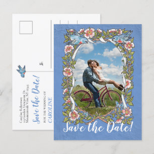 Light Blue Bird Floral Photo Wedding Save Date  Announcement Postcard