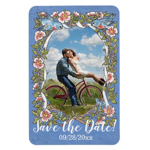 Light Blue Bird Floral Photo Wedding Save Date  Magnet
