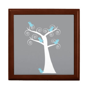 Light Blue Birds on Whimsical White Swirl Tree Gift Box