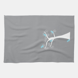 Light Blue Birds on Whimsical White Swirl Tree Mod Towel