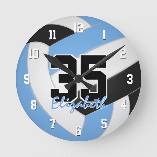 light blue black boy girl personalized volleyball round clock
