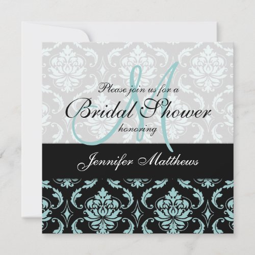Light Blue Black Damask Bridal Shower Invitation