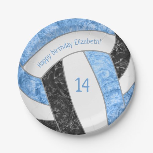 light blue black girly volleyball birthday party paper plates