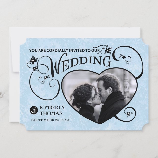 Light Blue & Black Heart Photo Wedding Invite (Front)