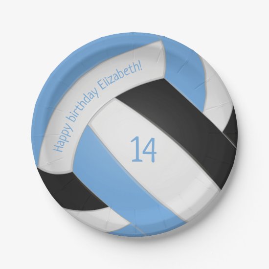 Light blue black kids volleyball party paper plate
