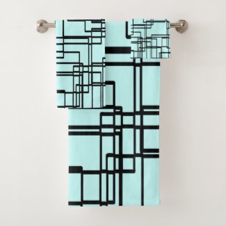 Light blue & black modern line art, blocks pattern bath towel set