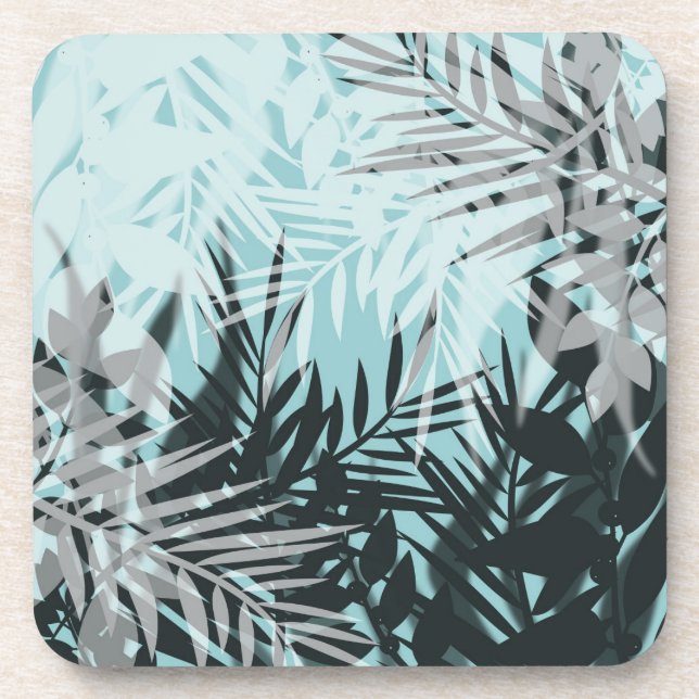 Light blue black tropical pattern beverage coaster (Front)