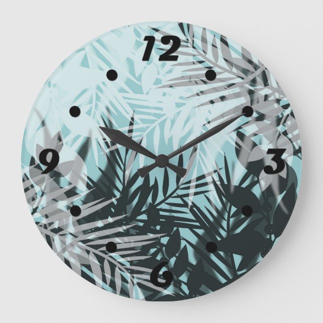 Light blue black tropical pattern large clock (Front)