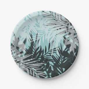 Light blue black tropical pattern paper plates