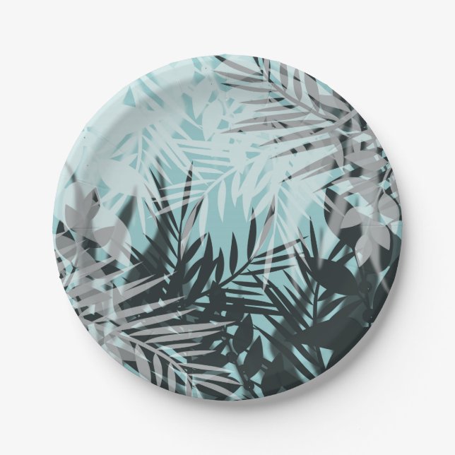 Light blue black tropical pattern paper plates (Front)