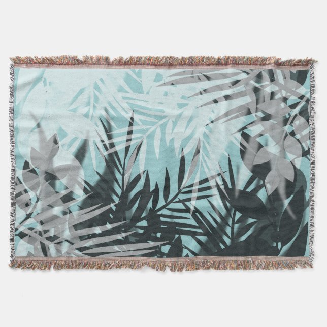 Light blue black tropical pattern throw blanket (Front)