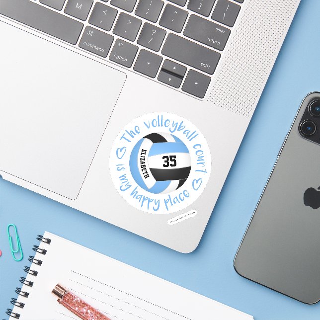 light blue black volleyball court my happy place sticker (Laptop w/ iPhone)
