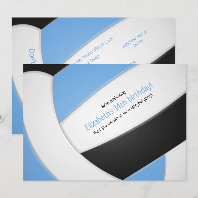 light blue black volleyball girl's birthday invitation (Front/Back)