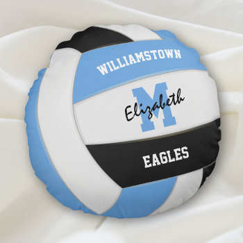 Light Blue Black Volleyball Sports Room Decor Round Pillow by katz_d_zynes at Zazzle