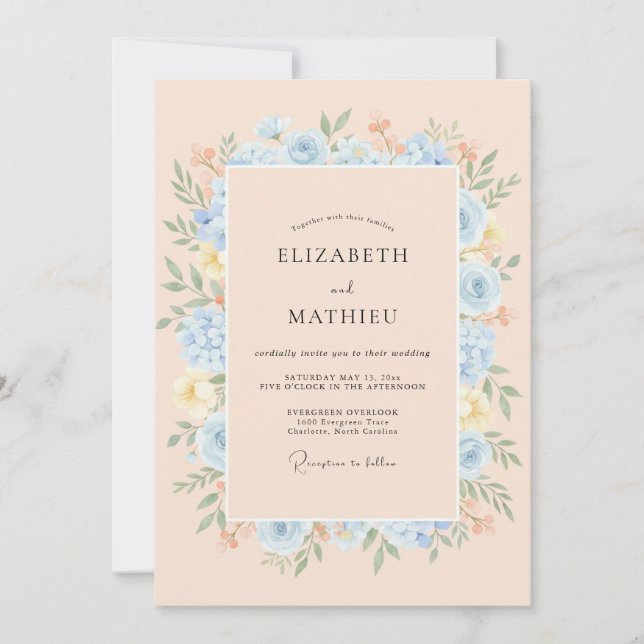 Light Blue Blooming Floral Flourish Wedding Invitation (Front)