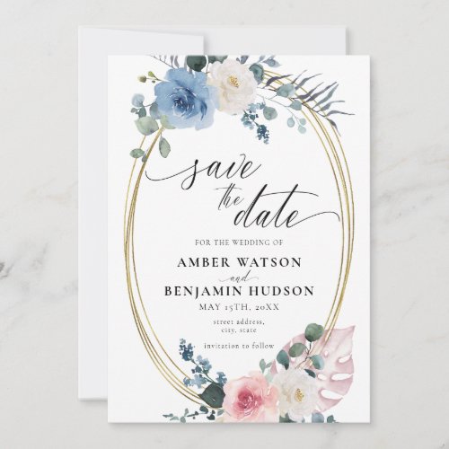 Light Blue Blush Dusty Pink Floral Save The Date Invitation