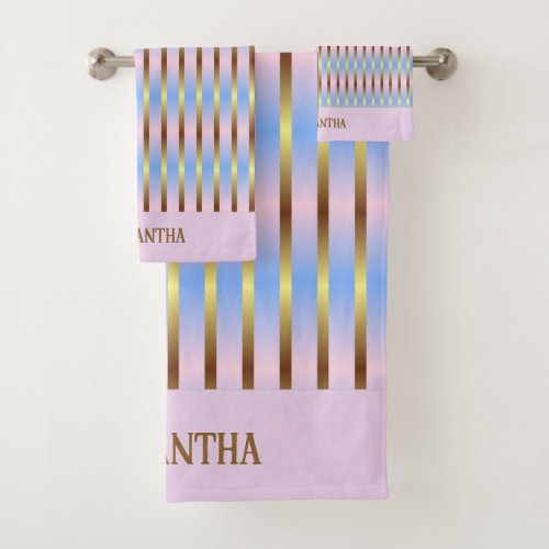 Light Blue Blush Pink And Gold Stripes Geometric Bath Towel Set