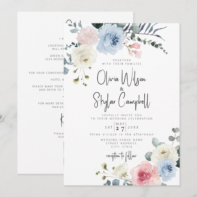 Light Blue Blush Tropical QR All In One Wedding Invitation (Front/Back)