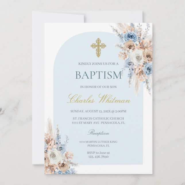 Light blue boho floral baptism  invitation (Front)