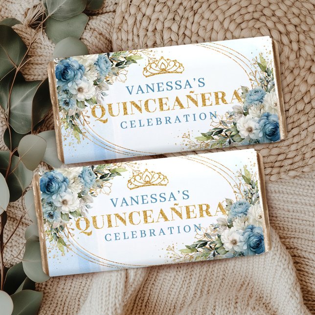 Light Blue Boho Floral Gold Personalized Sweet 15  Hershey Bar Favors (Light Blue Boho Floral Gold Personalized Sweet 15 Wrap)