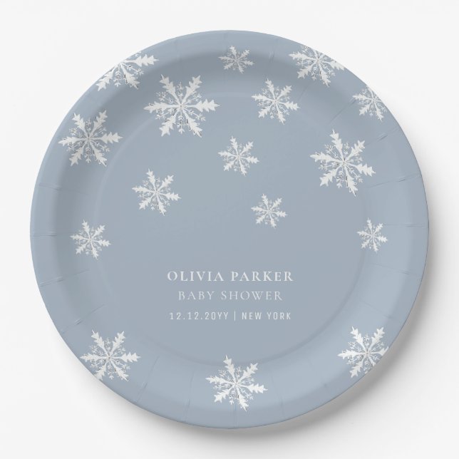 Light Blue Boho Winter Snowflake Baby Shower  Paper Plates (Front)